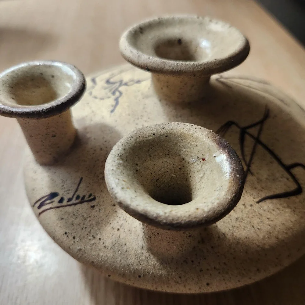 Vintage 3 Chimney Clay Oil Lamp‎ Signed By Artist.